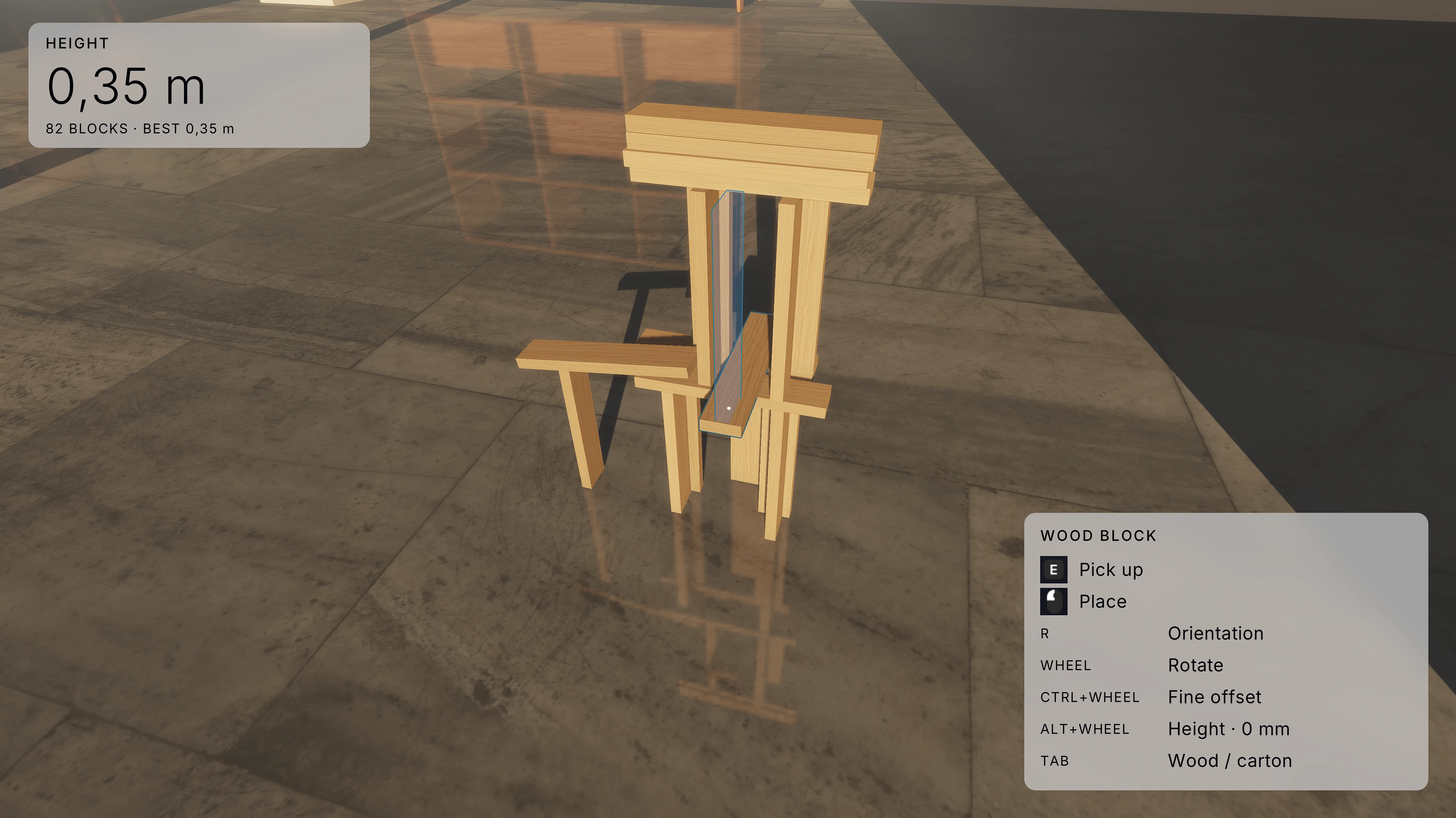 Actual gameplay from Blocker: a tower built from wooden blocks in the physics playtest